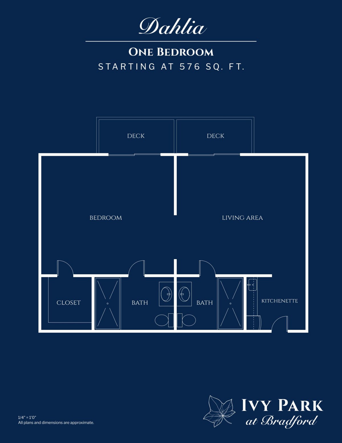 A floor plan of a one-bedroom apartment with an area of 576 square feet.