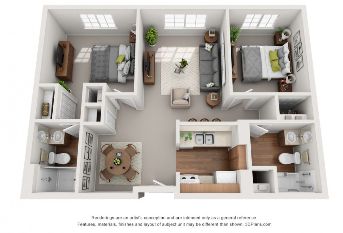 A 3D-rendered floor plan of a two-bedroom apartment, showcasing the layout of the living room, kitchen, and bathroom.