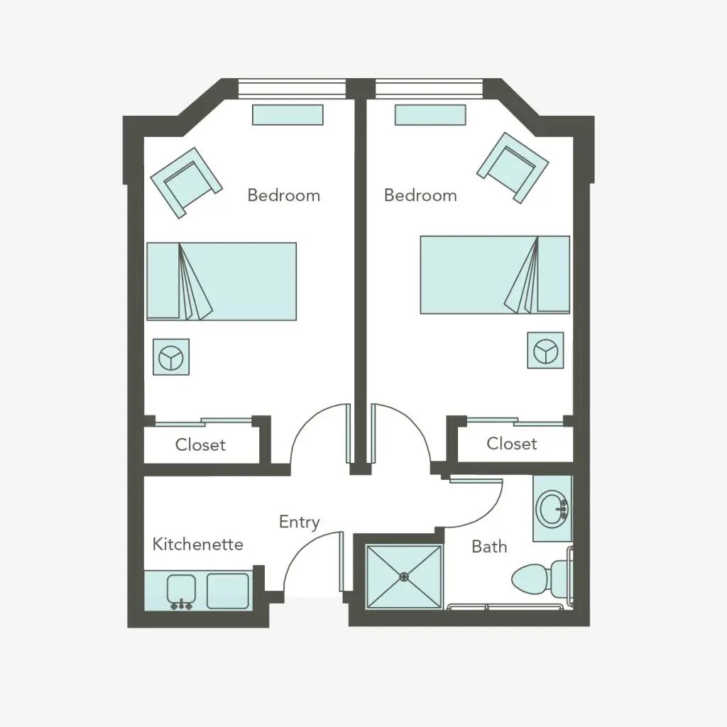 A floor plan of an apartment with two bedrooms, a shared bathroom, and a living area.