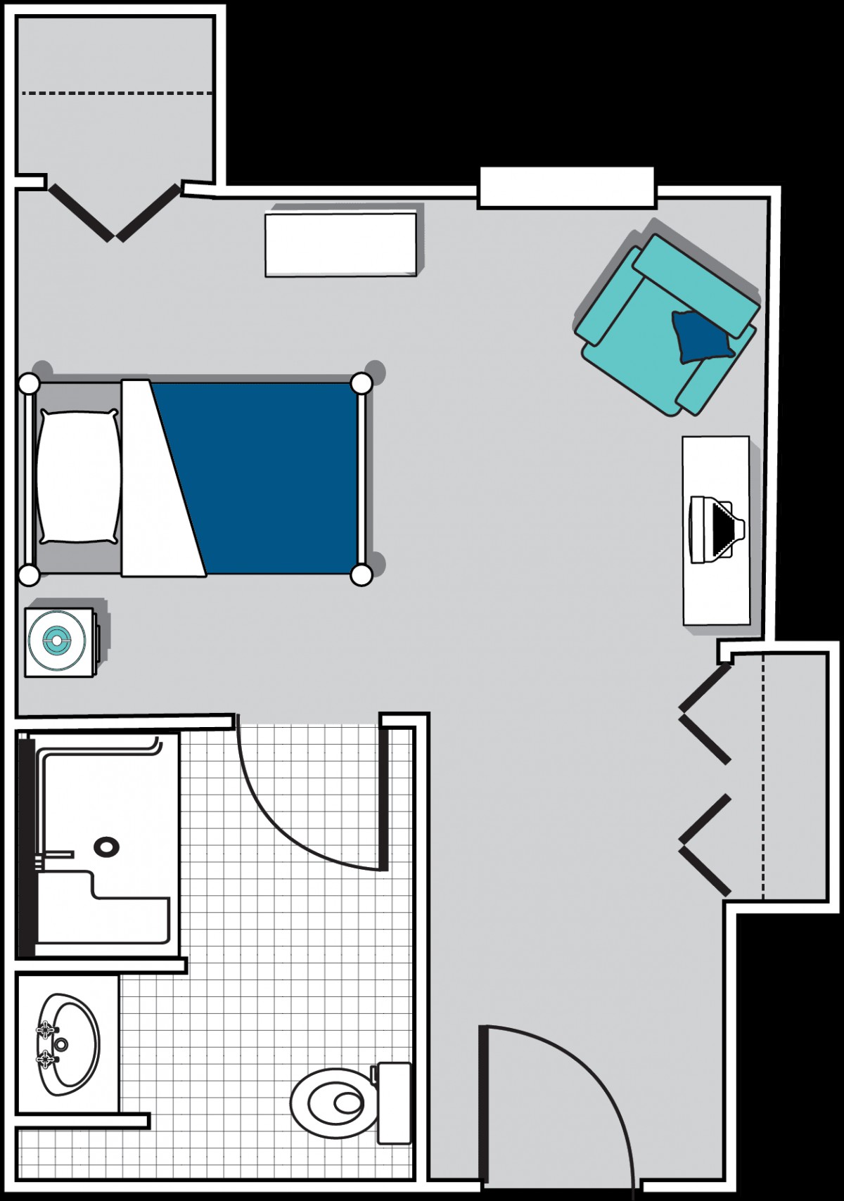 A floor plan of a small apartment with a bedroom, bathroom, and living area.