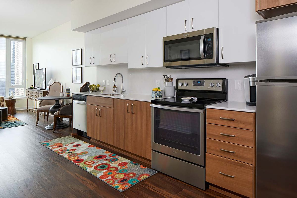 A modern kitchen with sleek appliances and mixed wood cabinetry, featuring a colorful rug on the floor.