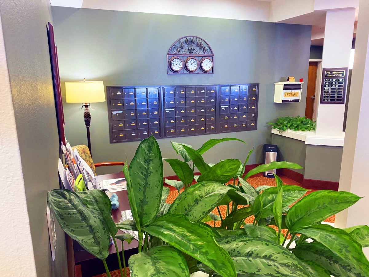 A cozy lobby area featuring mailboxes, lush green plants, a lamp, and a decorative clock on the wall.