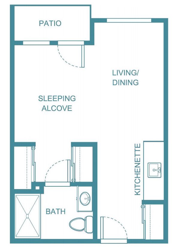 Studio apartment floor plan with living/dining area, sleeping alcove, bath, and kitchenette.