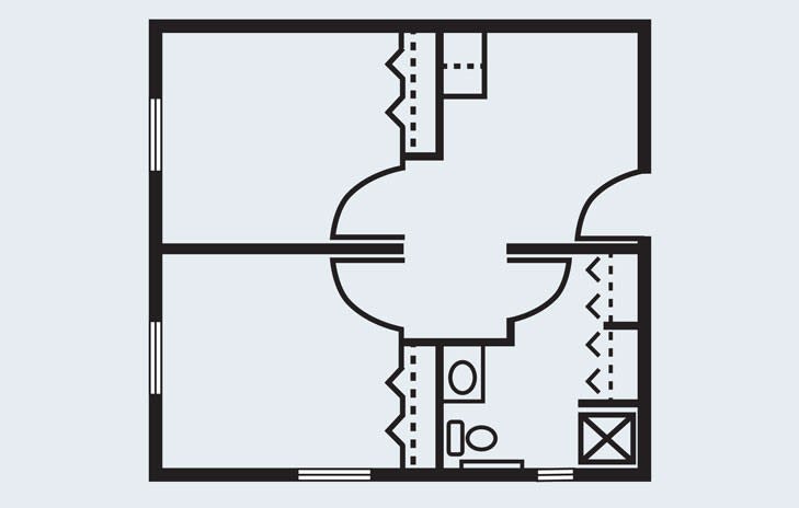 A floor plan layout of a small apartment with separate rooms and a bathroom.