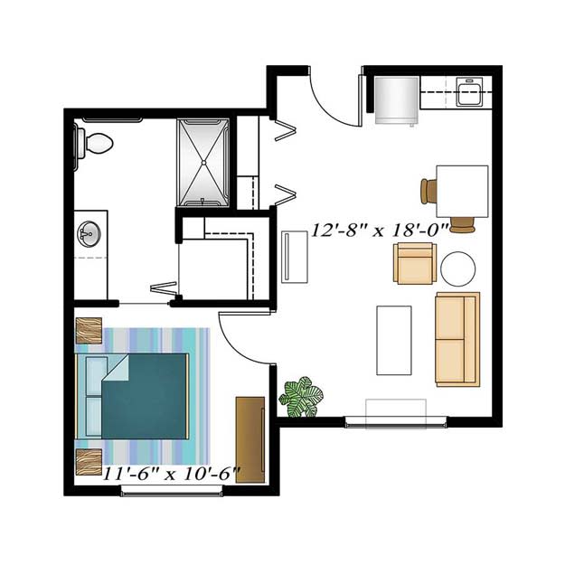 A floor plan of a 1-bedroom apartment with labeled room dimensions.