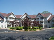 A multi-story residential building surrounded by trees and landscaped greenery.