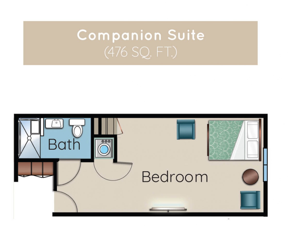 Floor plan of a Companion Suite showing a bedroom and bathroom.