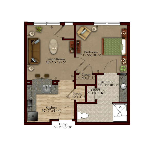 A detailed floor plan of a one-bedroom apartment, featuring a living room, kitchen, and bathroom.