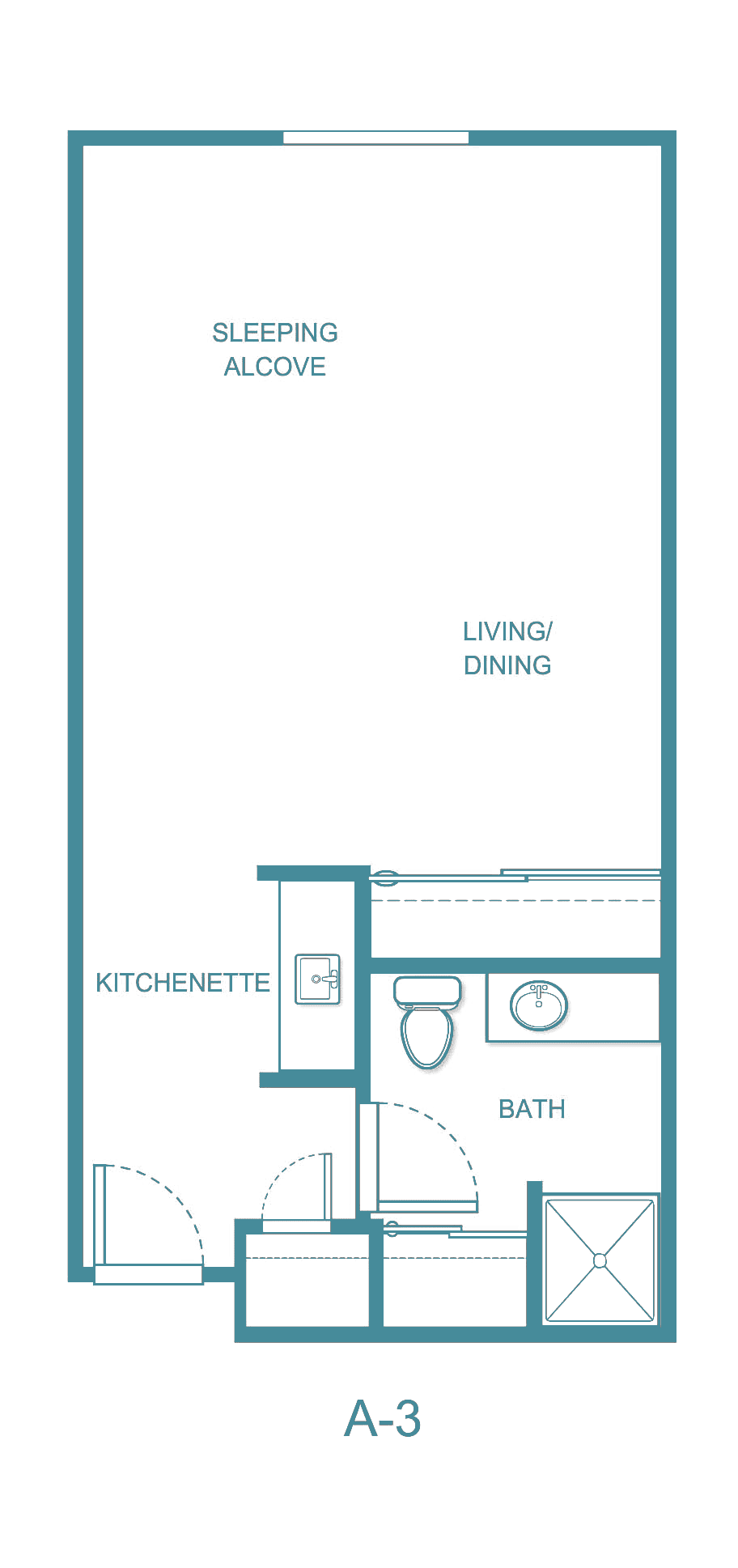 Studio apartment floor plan with kitchenette, bath, and living/dining area.