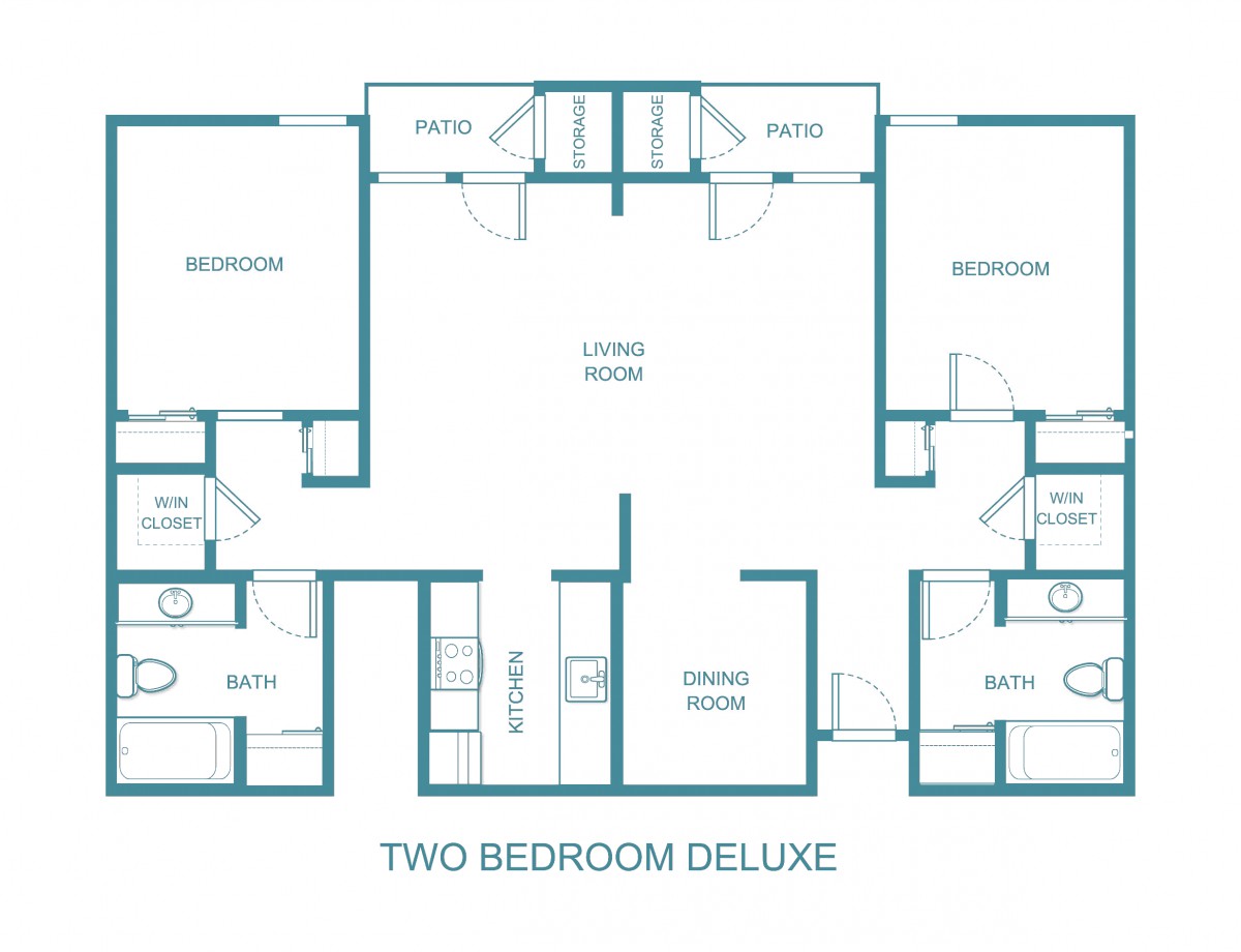 A schematic floor plan for a two-bedroom deluxe apartment.
