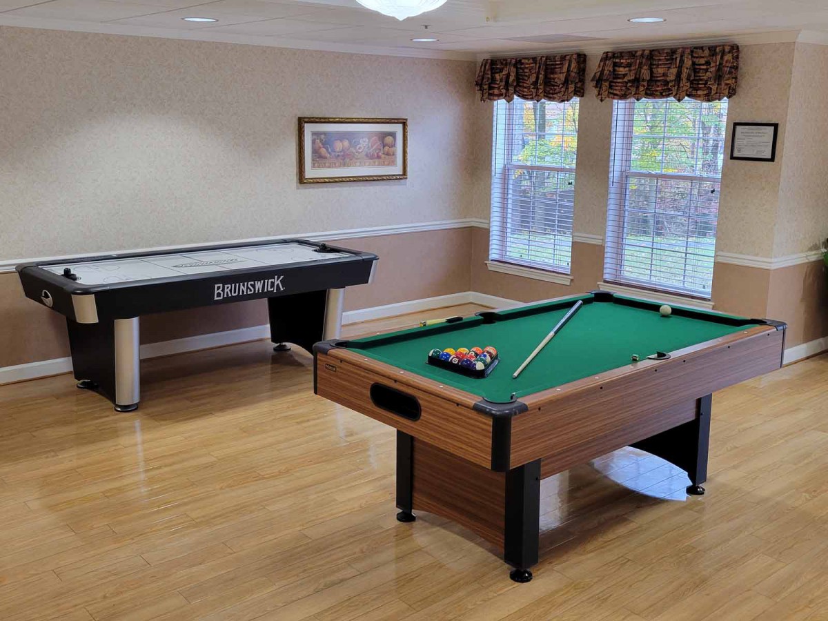 A cozy game room featuring a pool table and shuffleboard for entertainment.