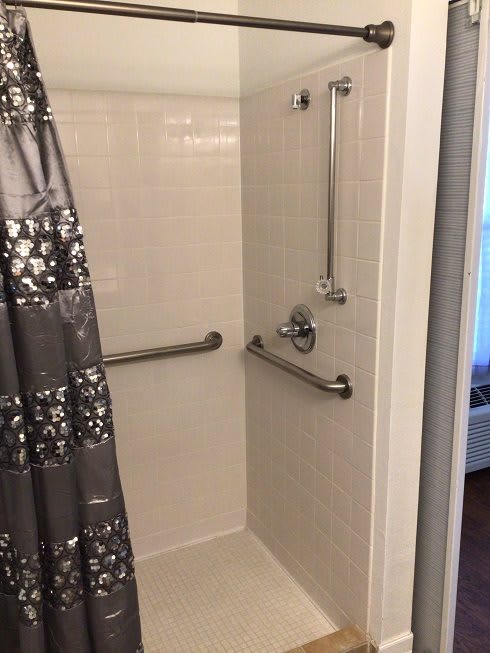 An accessible shower with grab bars and a patterned shower curtain.