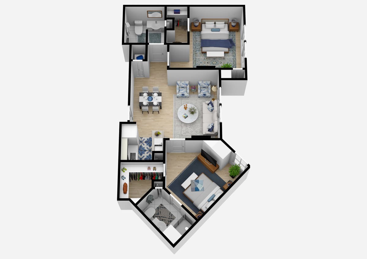 A 3D floor plan of a two-bedroom apartment featuring a spacious living room, kitchen, and two bathrooms.