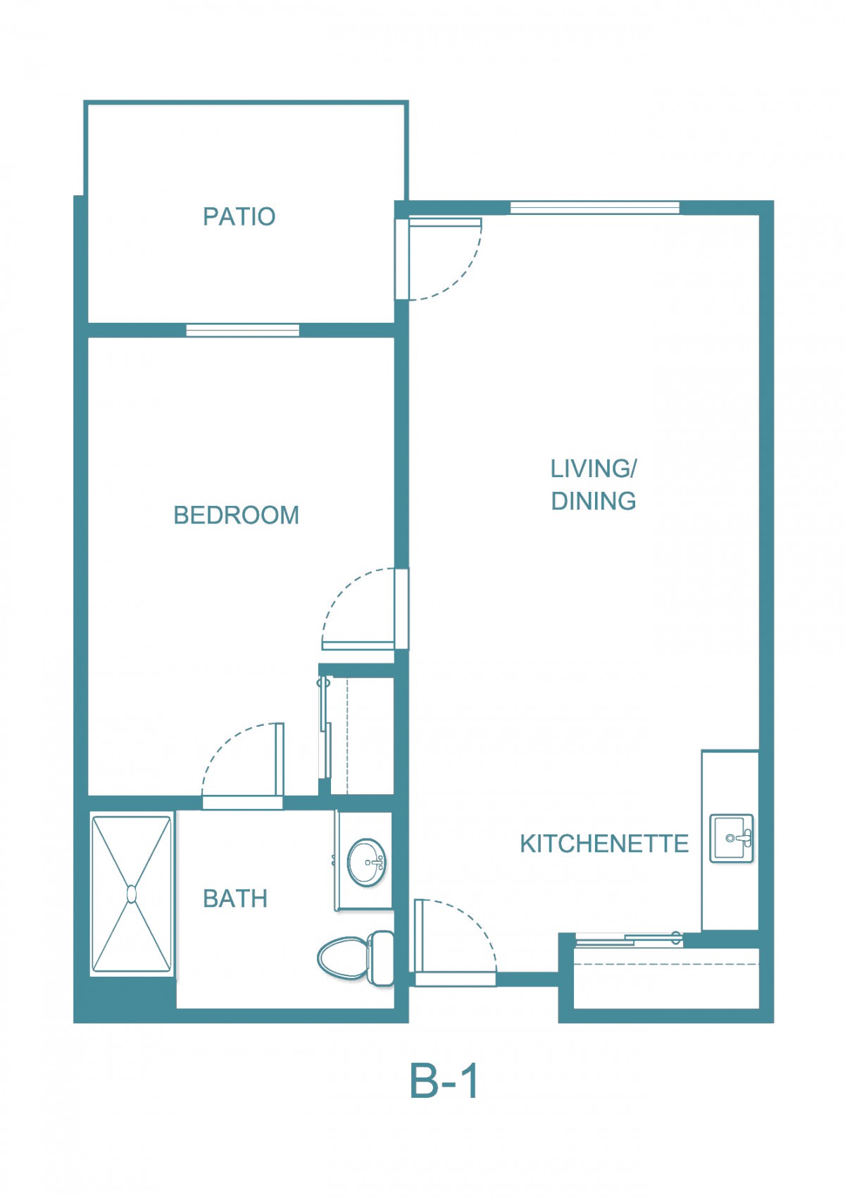 A floor plan of a one-bedroom apartment featuring a living/dining area, kitchenette, bathroom, and patio.