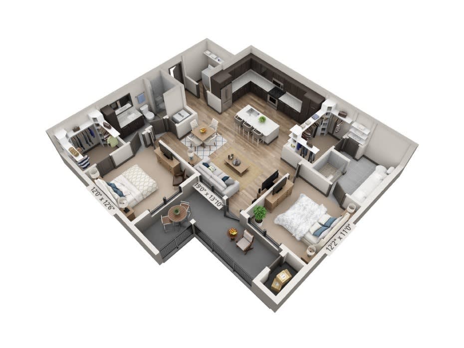 A detailed 3D floor plan of a modern two-bedroom apartment featuring an open-plan kitchen and living area.