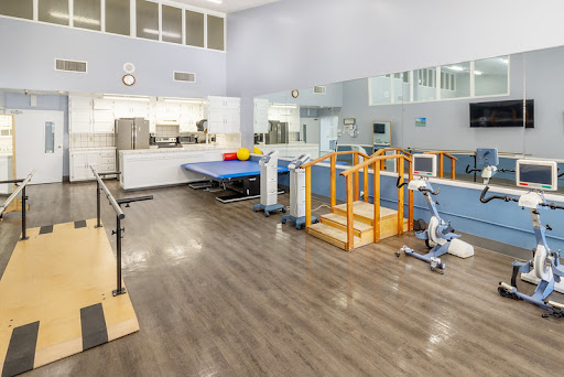 A well-equipped physical therapy gym featuring various exercise apparatus.