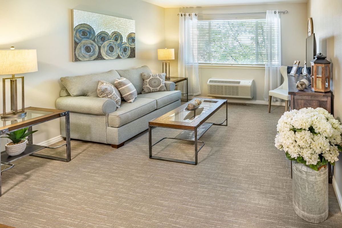 A cozy living room with a sofa, coffee table, and a large window letting in natural light.