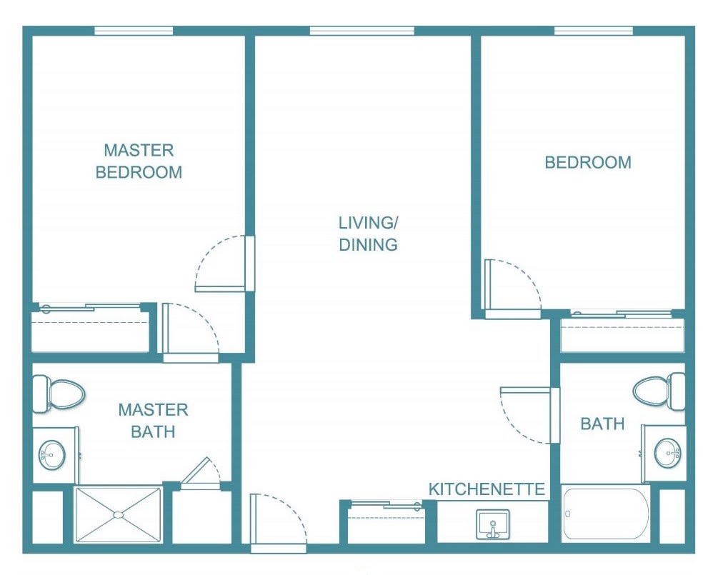 A blueprint of a two-bedroom apartment layout featuring a master bedroom, secondary bedroom, living/dining area, and two bathrooms.