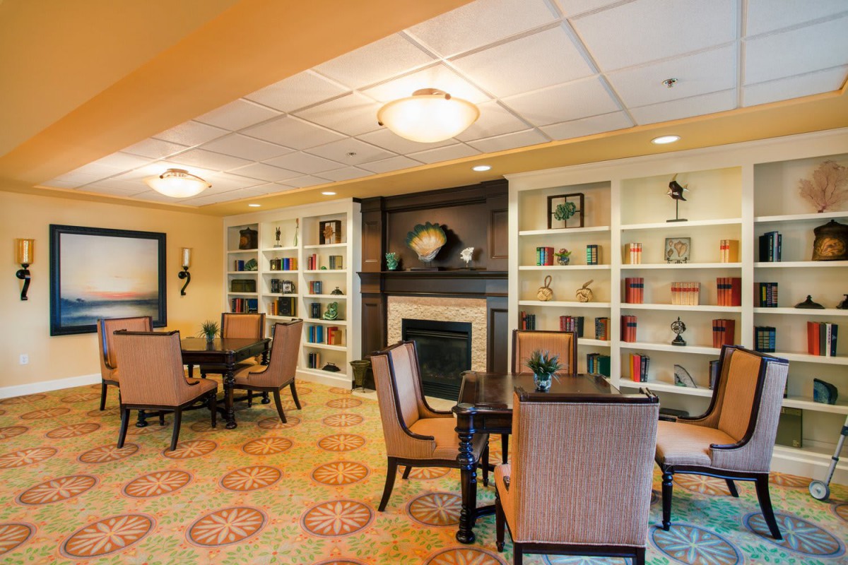 A cozy living room with a fireplace, surrounded by bookshelves and seating areas.