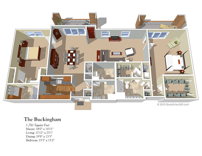 A 3D floor plan of a residential apartment named 'The Buckingham', showing various rooms including living areas, bedrooms, and bathrooms.