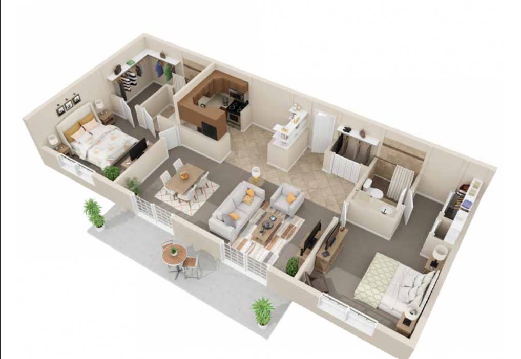 A 3D floor plan of a modern apartment featuring multiple rooms and an open living area.