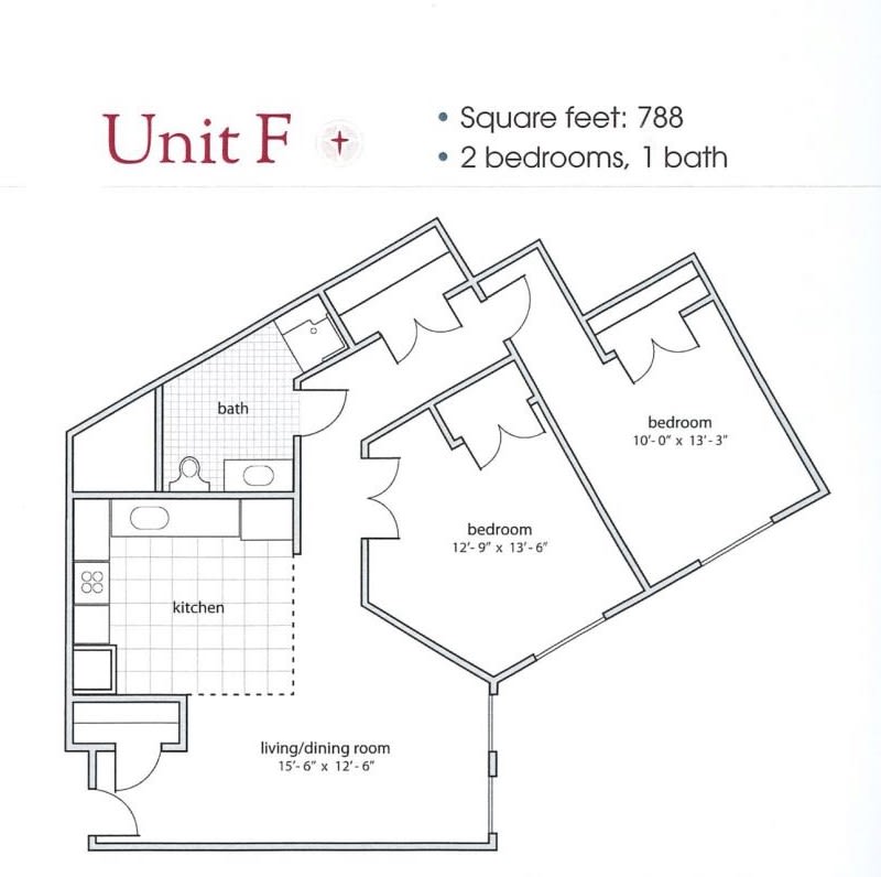 Floor plan of Unit F: 788 square feet with 2 bedrooms and 1 bathroom.