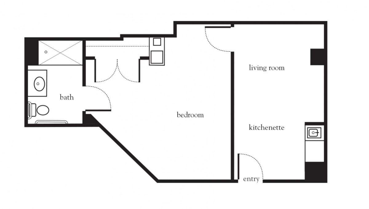 A simple floor plan of a one-bedroom apartment with a living room and kitchenette.