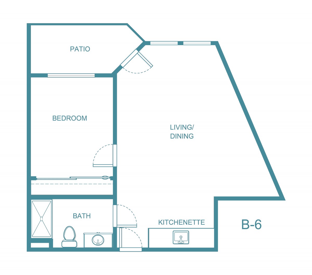 Floor plan of a one-bedroom apartment with living/dining area, kitchenette, bathroom, and patio.