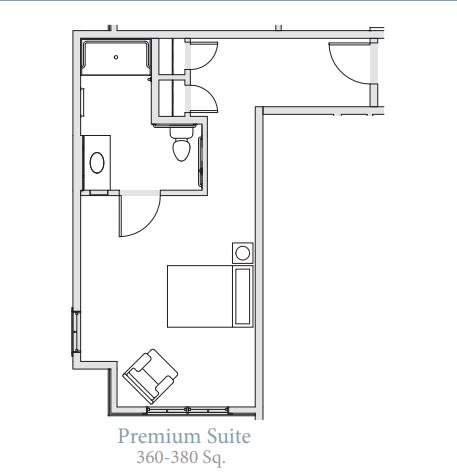 Floor plan of a premium suite showing room and bathroom layout.