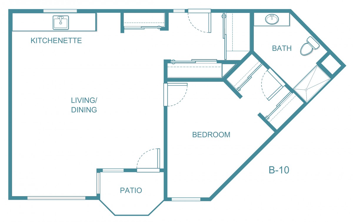A one-bedroom apartment floor plan featuring a living/dining area, bedroom, two bathrooms, and a patio.