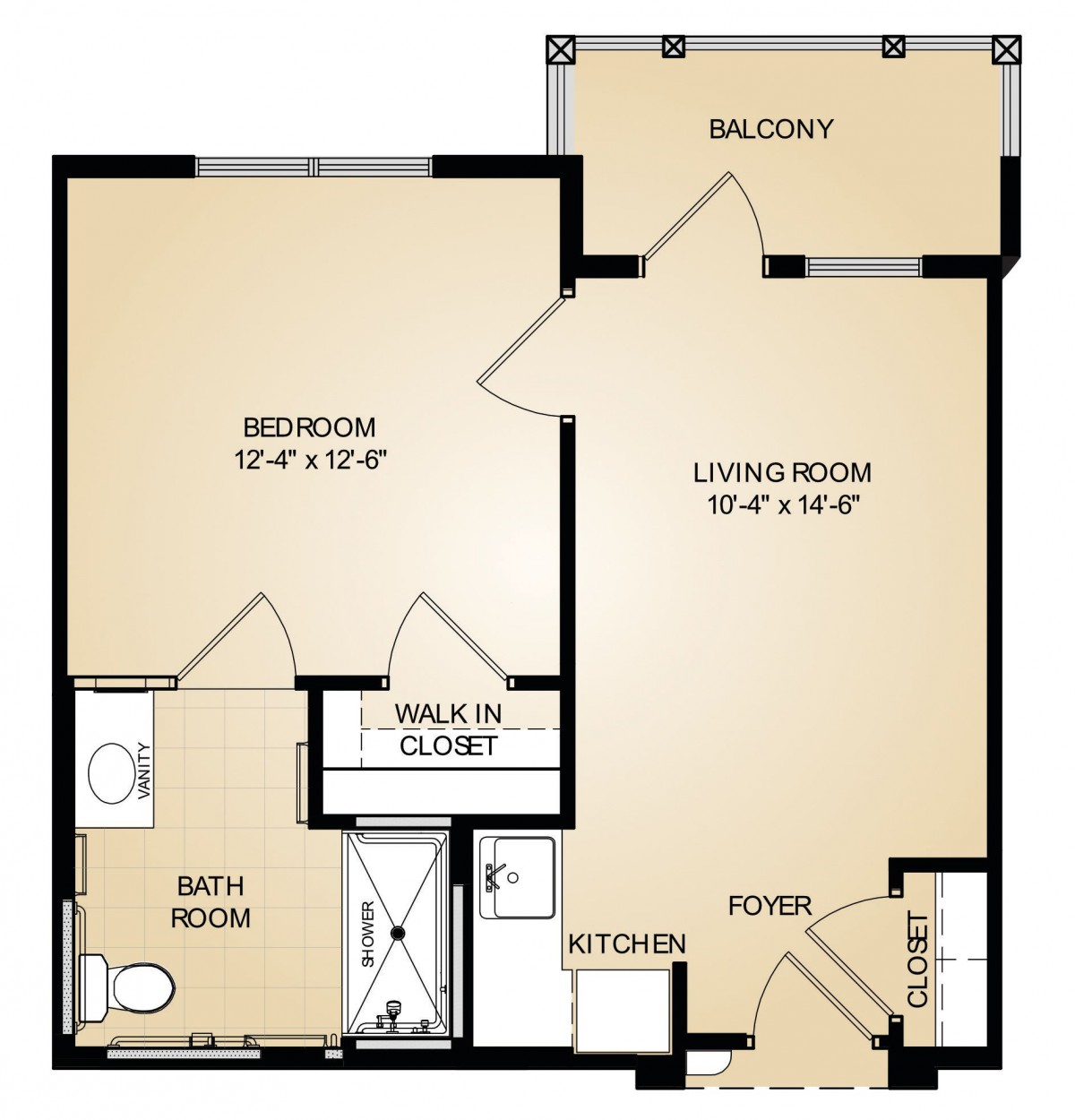 A floor plan showcasing a one-bedroom apartment with a living room, kitchen, bathroom, walk-in closet, and balcony.