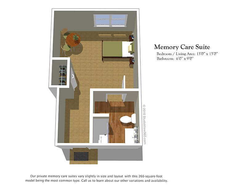 3D layout of a memory care suite featuring a bedroom, bathroom, and living area.