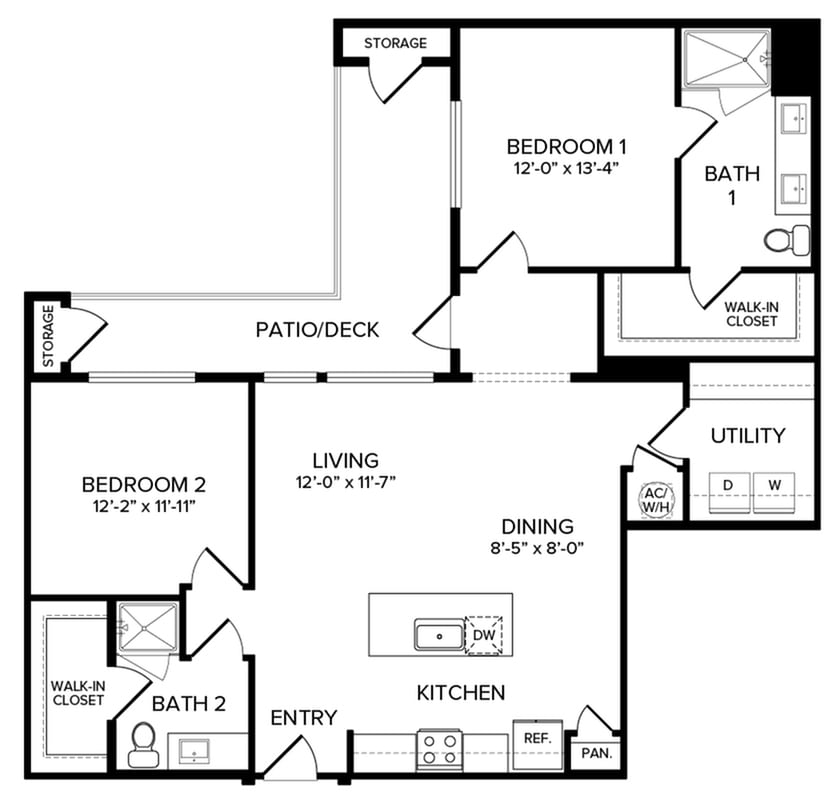 A detailed floor plan of a two-bedroom, two-bathroom apartment with labeled rooms including kitchen, dining area, living room, and utility space.