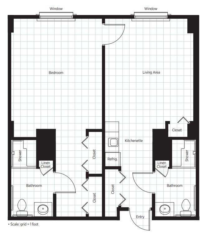 A detailed floor plan of an apartment showing the layout of rooms including living room, bedroom, and bathrooms.