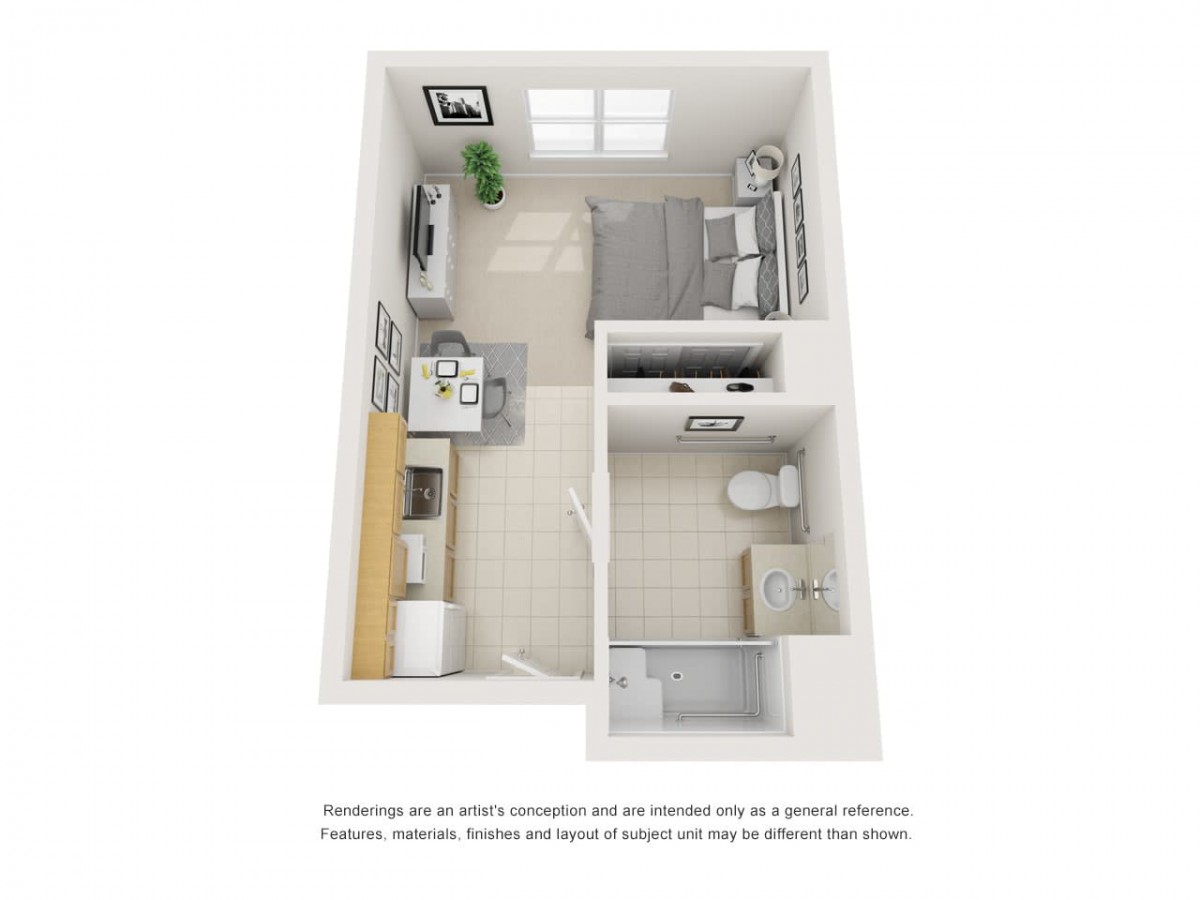 3D rendering of a compact one-bedroom apartment layout featuring a kitchen, bathroom, and living space.