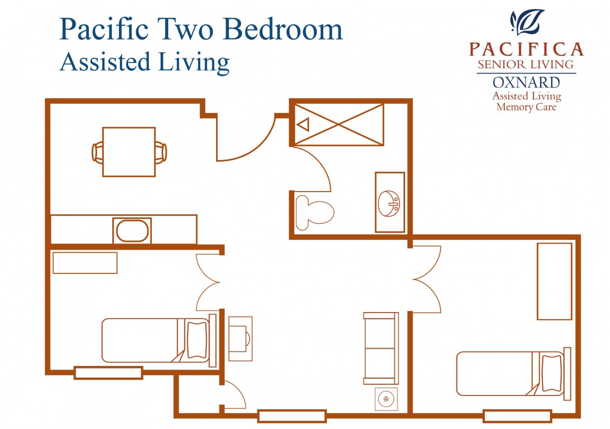 Floor plan of a two-bedroom assisted living apartment.