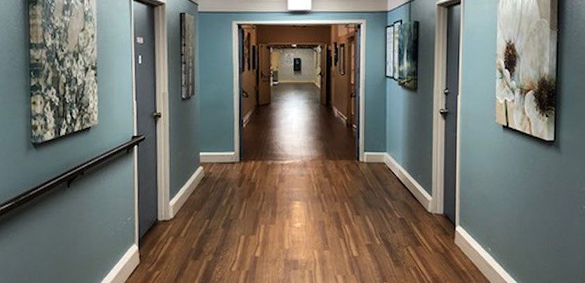 A long, well-lit hallway with wooden floors and blue walls.