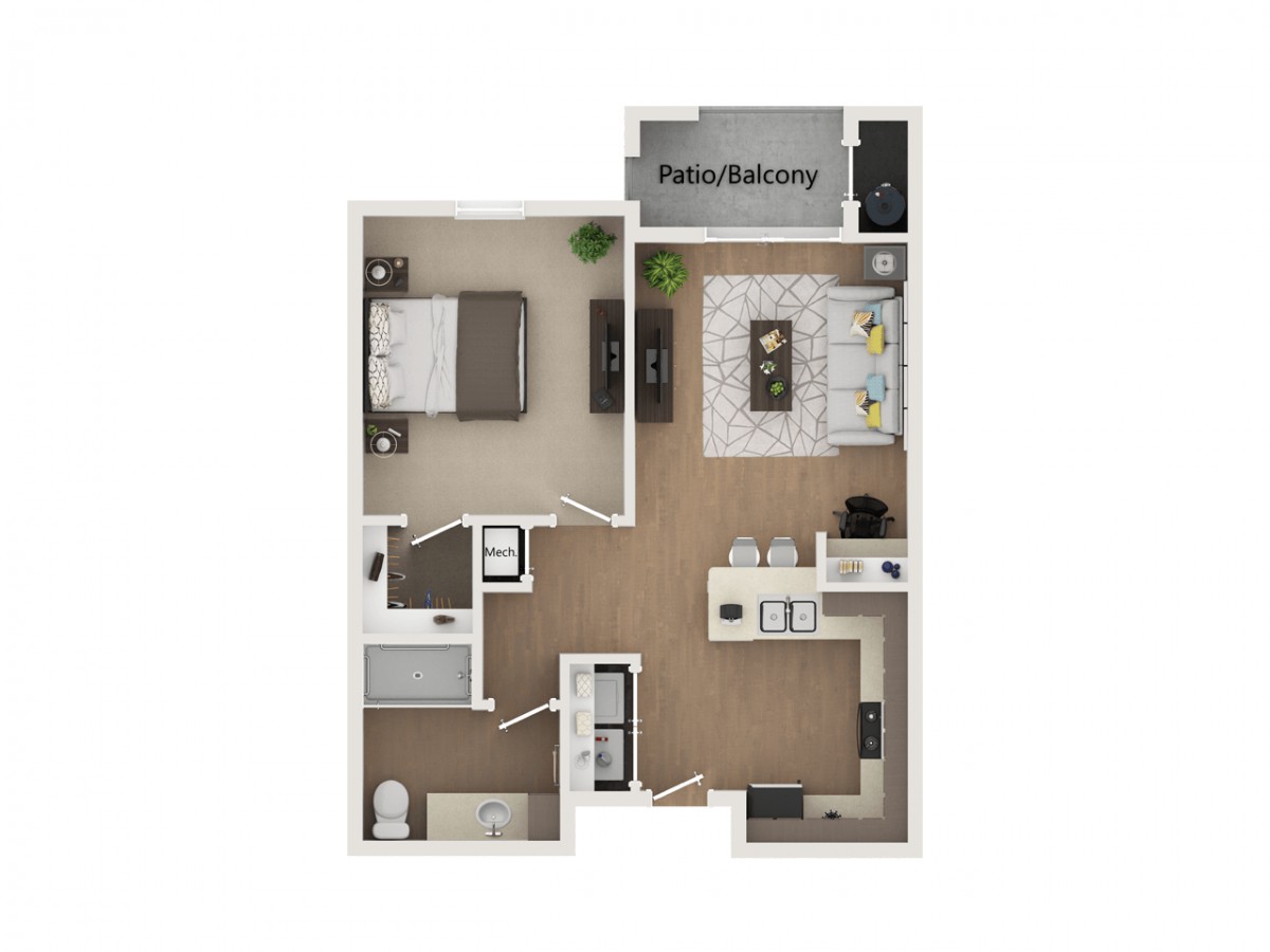 A detailed floor plan of a one-bedroom apartment featuring a living room, kitchen, bathroom, and balcony.
