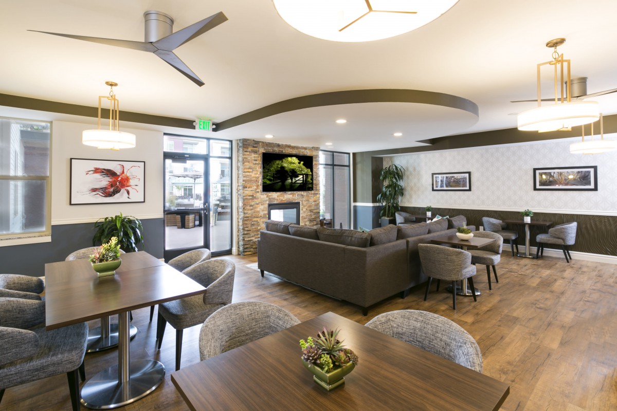 A modern lounge area featuring comfortable seating, stylish decor, and a television.