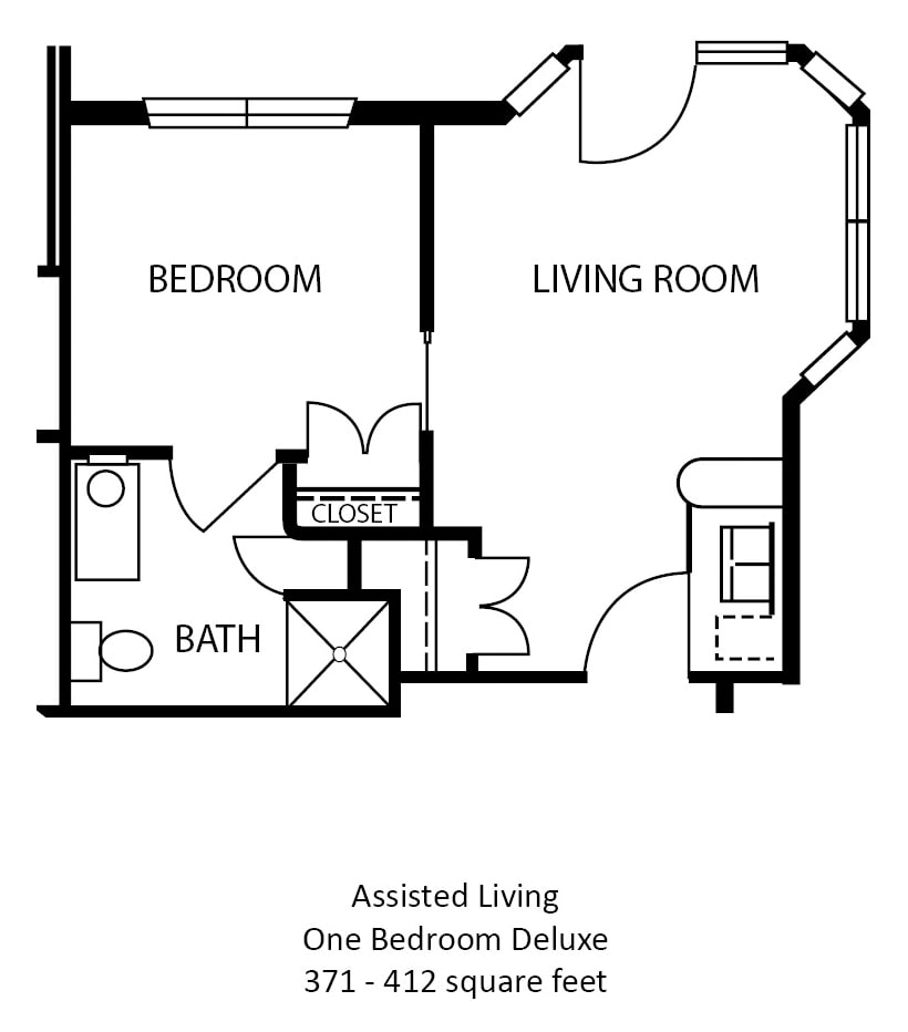 A floor plan for an assisted living one-bedroom deluxe apartment.