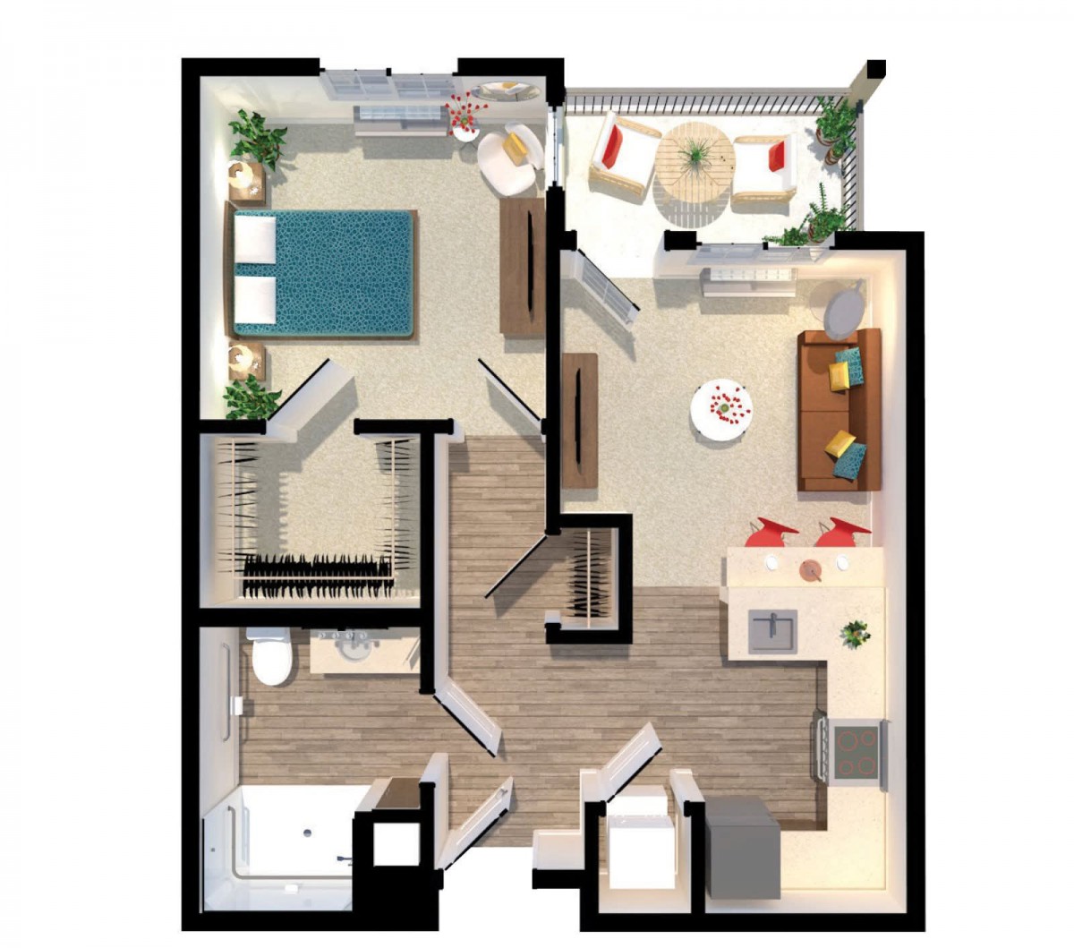 A 3D rendered floor plan of a one-bedroom apartment, featuring a living room, kitchen, bathroom, dining area, and balcony.