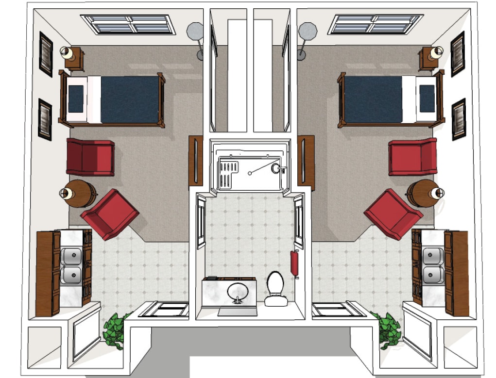 A floor plan of a two-bedroom apartment with shared bathroom and living area.