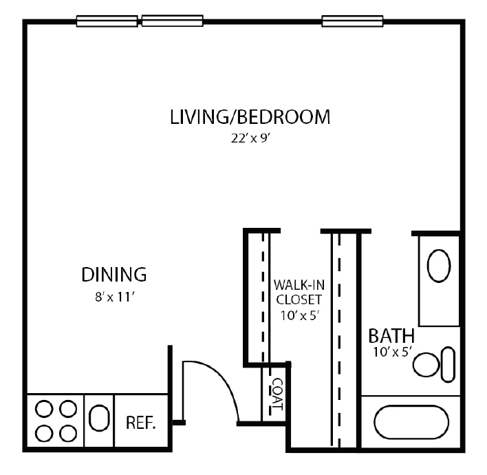 Studio apartment floor plan with combined living and bedroom area, kitchen, dining space, and bathroom.