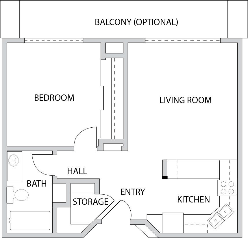 A simple floor plan showing an apartment layout with a living room, bedroom, kitchen, bathroom, entryway, and storage area.