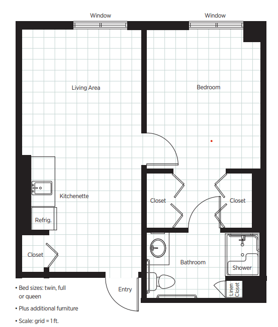 One-bedroom apartment floor plan with living area, kitchen, and bathroom.