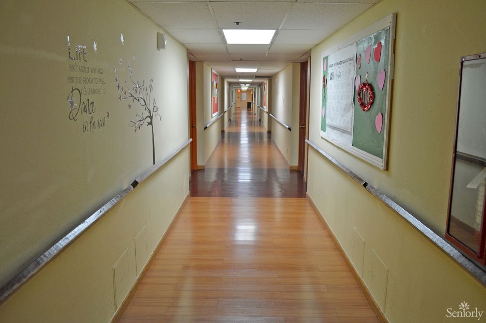 A long hospital hallway with wooden flooring, handrails, and informational boards on the walls.