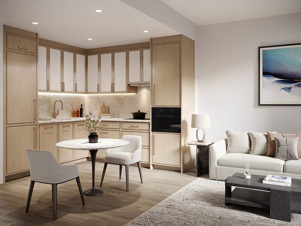 A modern, minimalist apartment featuring an open-plan kitchen and living area.