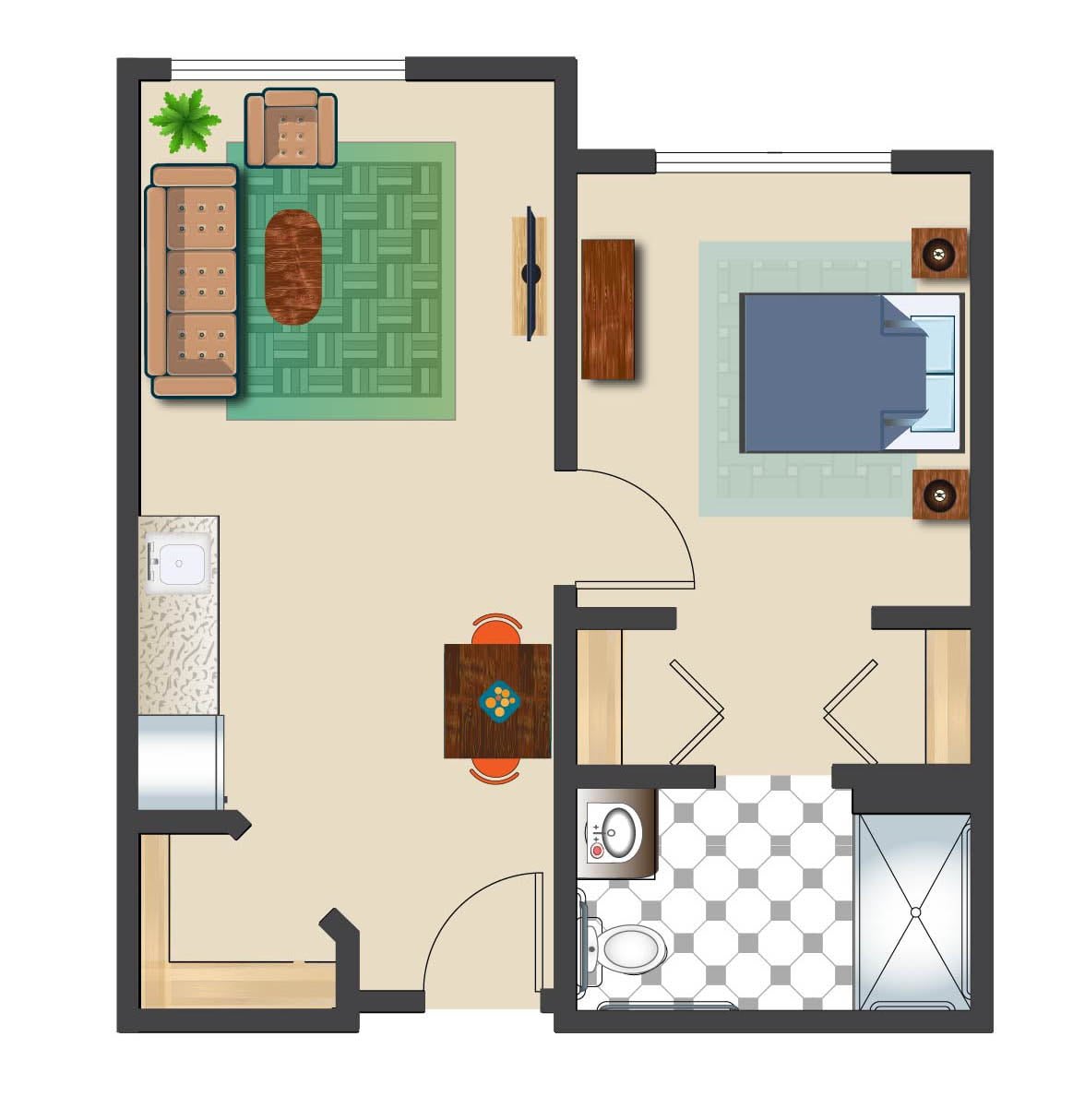 A simple floor plan of a small apartment featuring a living room, bedroom, and bathroom.
