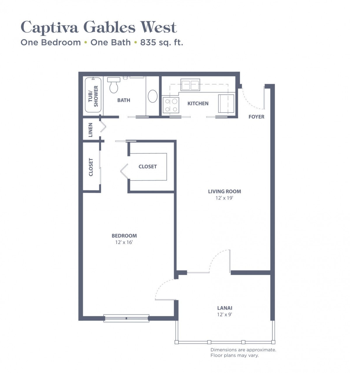 A floor plan of a one-bedroom, one-bath apartment at Captiva Gables West.