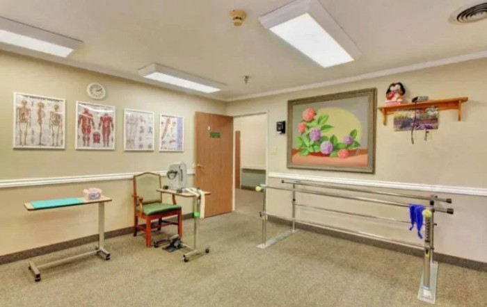A medical office waiting room with chairs, wall artwork, and anatomical posters.